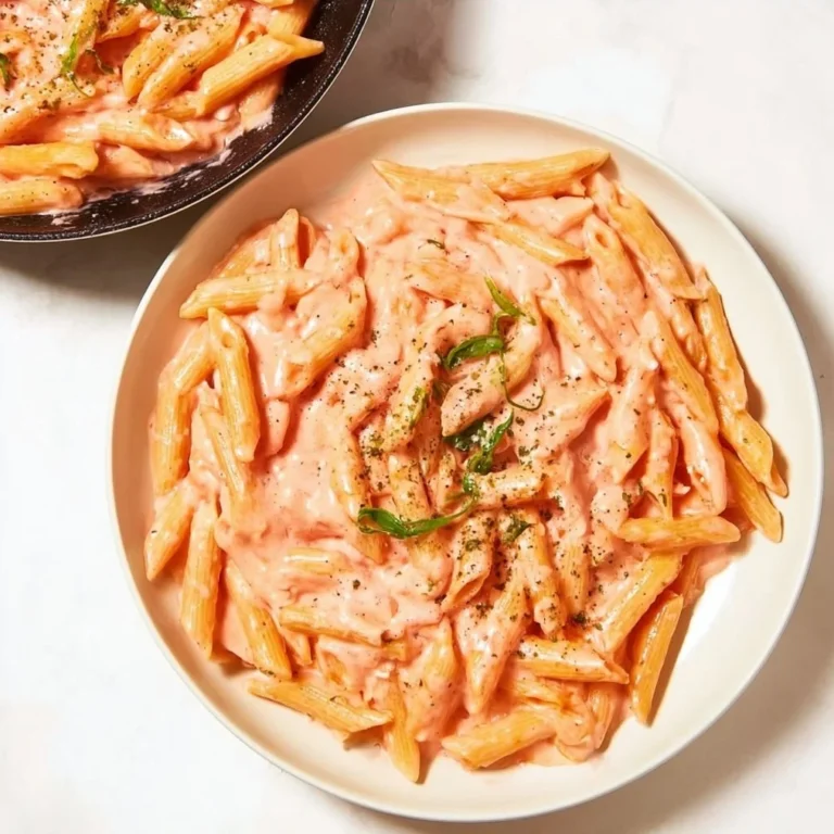 Delicious pink sauce pasta served in a bowl garnished with herbs and cheese