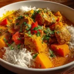 Bowl of Pumpkin Chicken Curry served with rice and herbs.