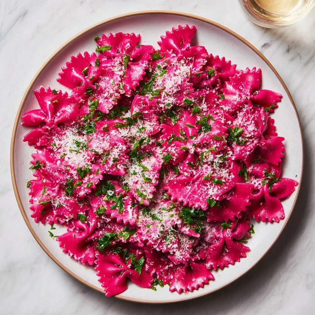 Bowl of quick and easy creamy beet pasta garnished with herbs.