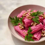 Quick Valentine's Day pink pasta dish served with fresh basil and cherry tomatoes.