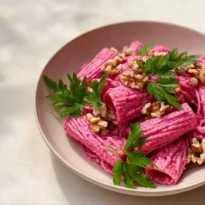 Quick Valentine's Day pink pasta dish served with fresh basil and cherry tomatoes.
