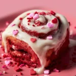 Red velvet cinnamon rolls decorated for Valentine's Day
