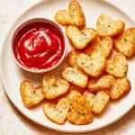 Delicious roasted heart shaped potatoes served on a plate