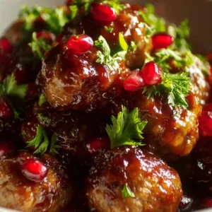 Savory sweet and tart cranberry-glazed meatballs served on a platter.