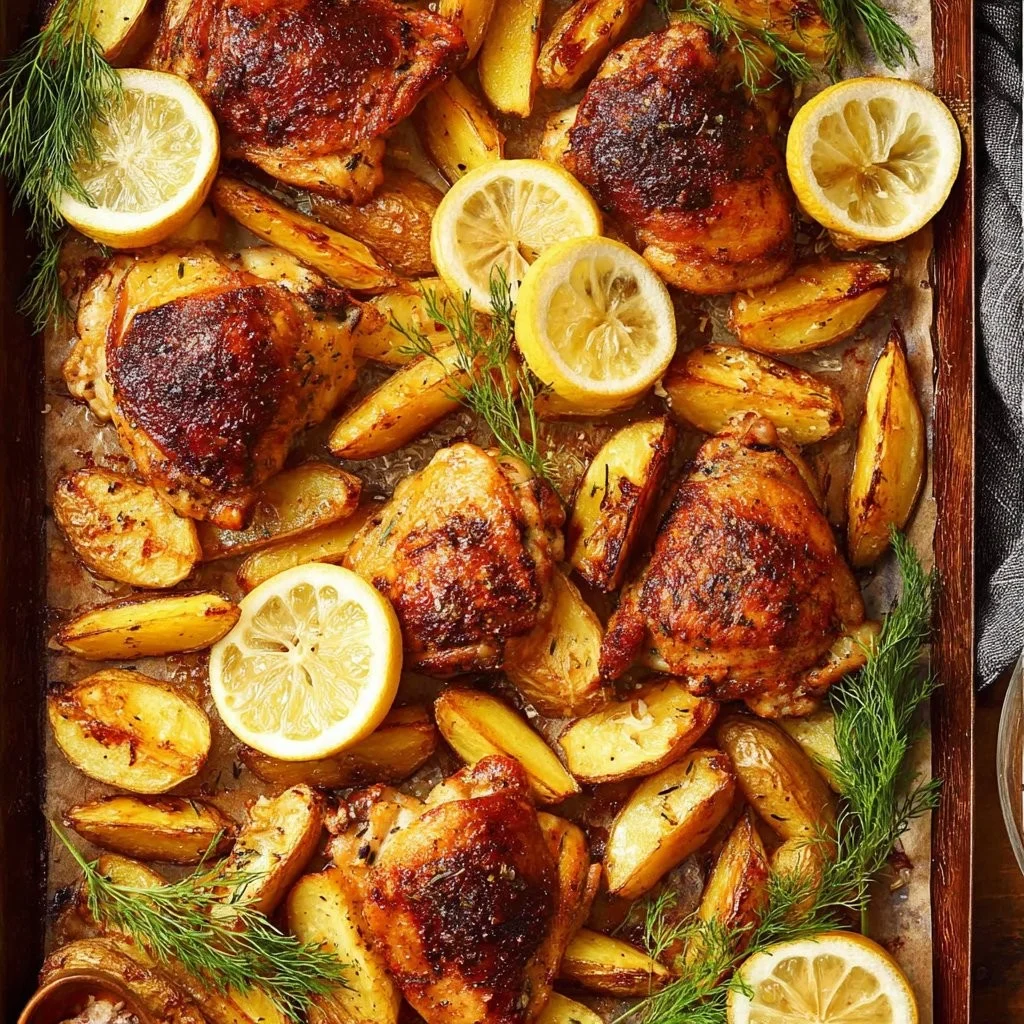 Sheet pan lemon herb chicken thighs cooked with crispy potatoes