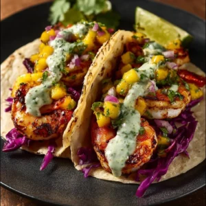 Shrimp tacos garnished with mango salsa and creamy cilantro sauce.