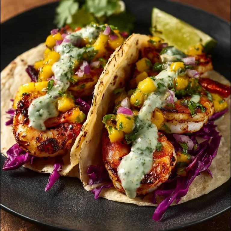 Shrimp tacos garnished with mango salsa and creamy cilantro sauce.