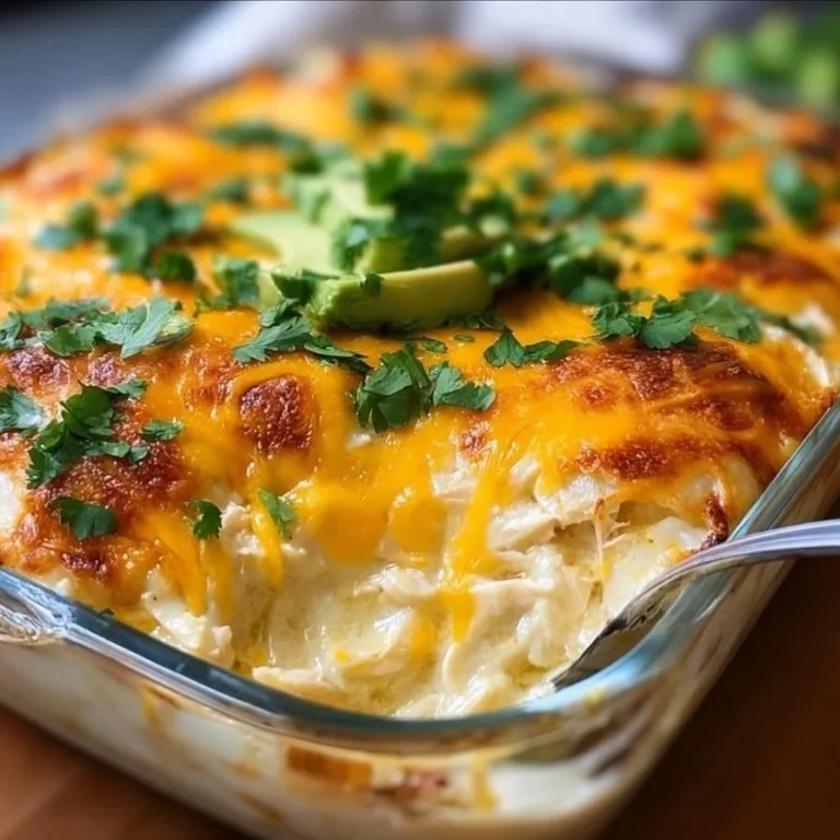 Sour Cream Chicken Enchilada Casserole topped with cheese and cilantro.
