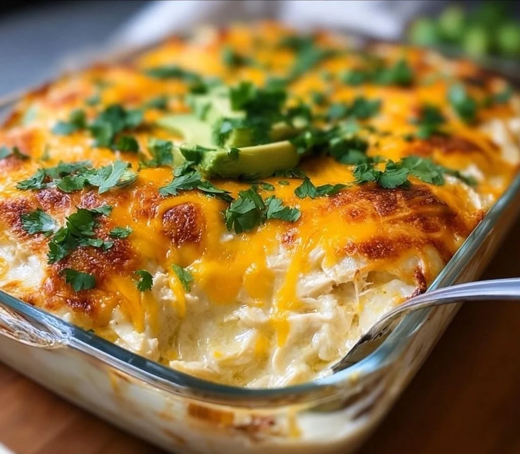 Sour Cream Chicken Enchilada Casserole topped with cheese and cilantro.