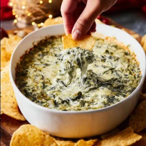 Homemade Spinach Artichoke Dip served in a bowl with tortilla chips