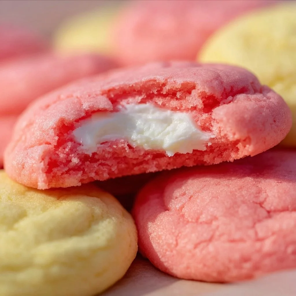 Freshly baked strawberry cheesecake cookies with a creamy topping and strawberry garnishes