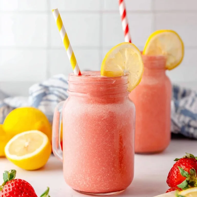 Refreshing glass of strawberry lemonade with fresh strawberries and lemon slices