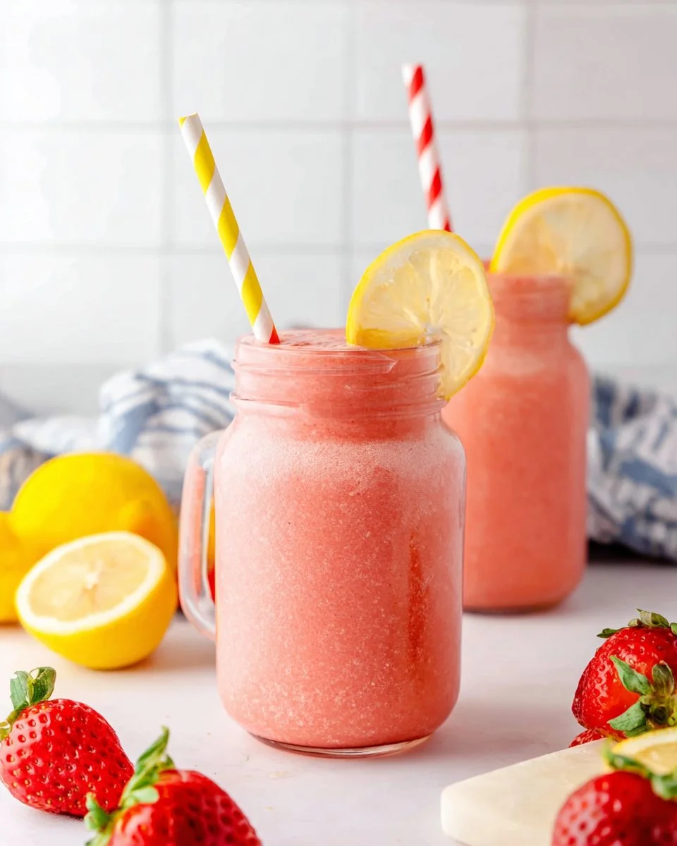 Refreshing glass of strawberry lemonade with fresh strawberries and lemon slices