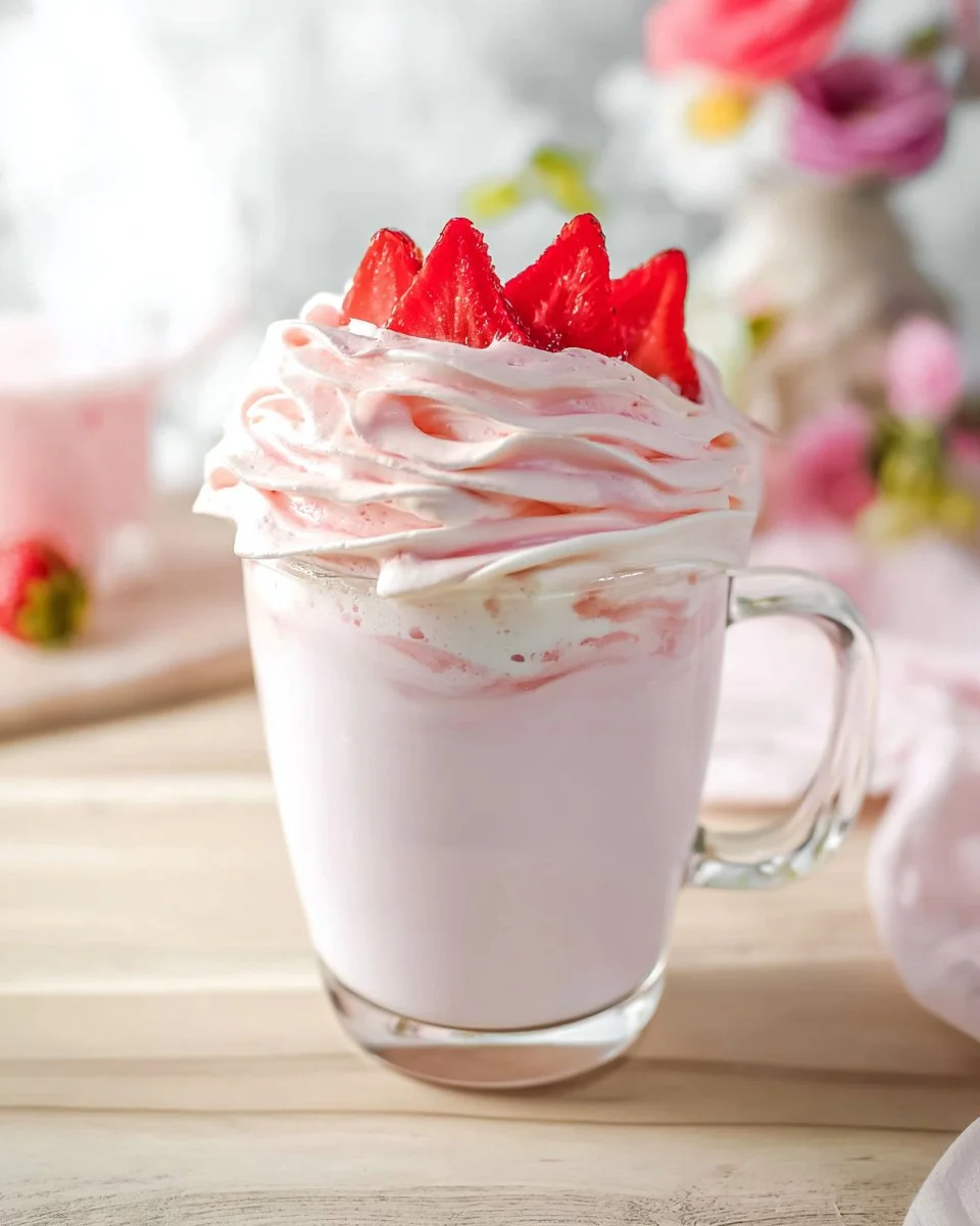 Delicious strawberry whipped milk served in a glass with fresh strawberries