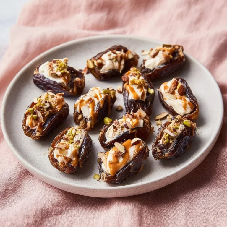 Plate of stuffed dates with nuts and cheese on a wooden table