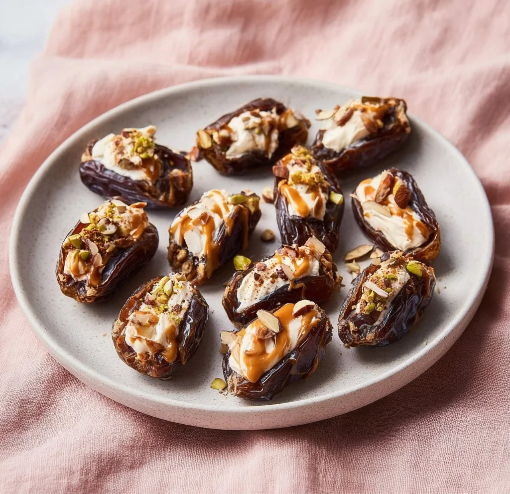 Plate of stuffed dates with nuts and cheese on a wooden table