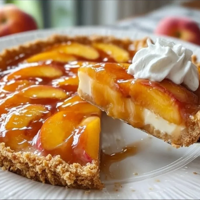 Delicious Sunny Peaches & Cream Pie topped with fresh peaches and whipped cream