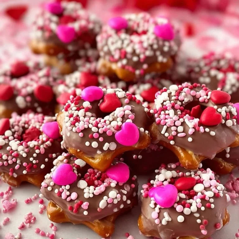 Valentine's Day caramel pretzel bites with chocolate drizzle and heart sprinkles