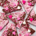 Heart-shaped Valentine's Day chocolate bark with colorful toppings