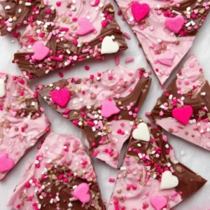 Heart-shaped Valentine's Day chocolate bark with colorful toppings