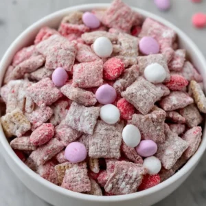 Valentine's Day themed Muddy Buddies snack with heart-shaped decorations