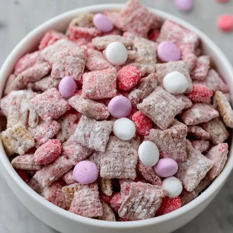 Valentine's Day themed Muddy Buddies snack with heart-shaped decorations