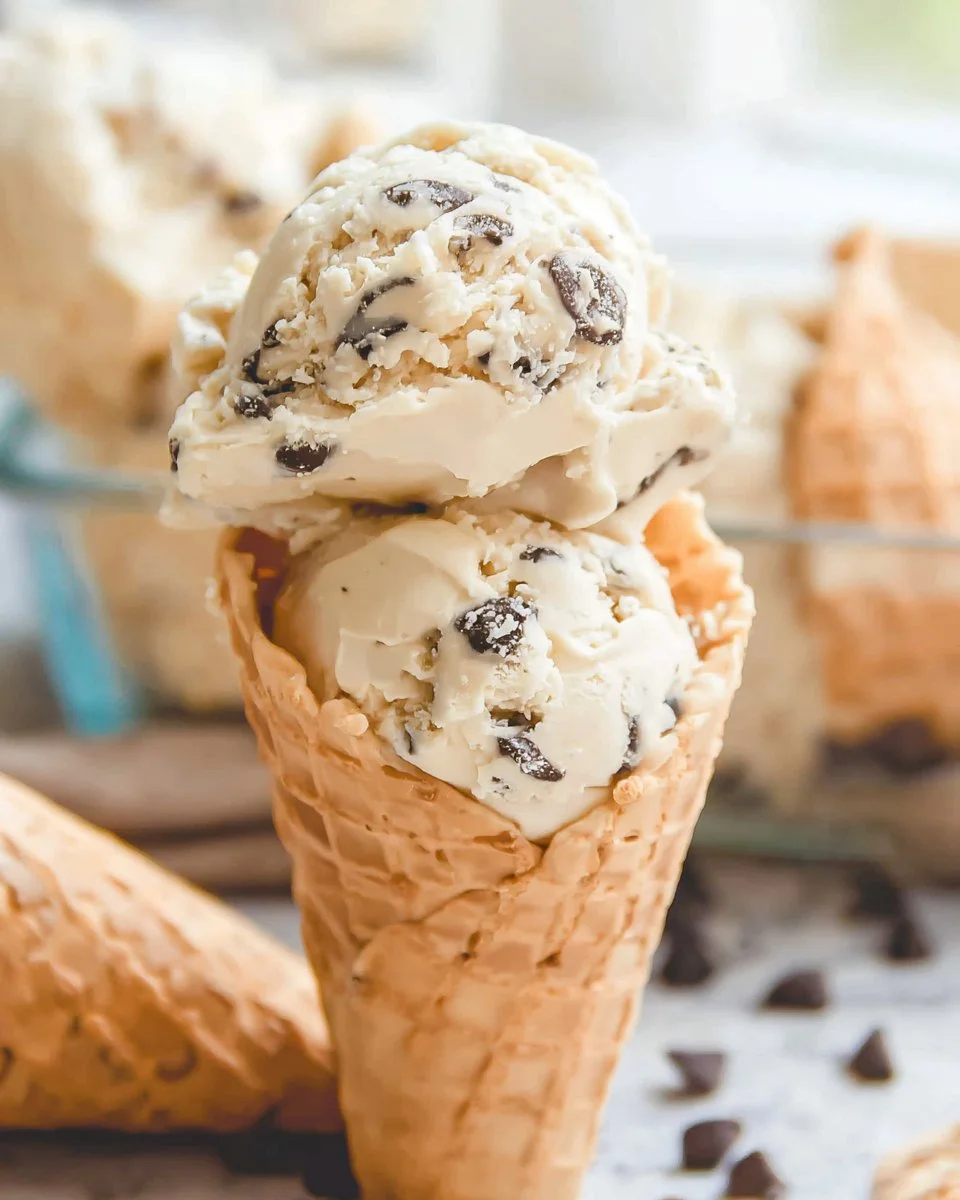Homemade vanilla ice cream with chocolate chips served in a bowl