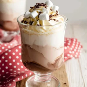 Delicious whipped hot chocolate topped with whipped cream and chocolate shavings
