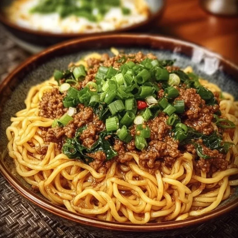 Bowl of addictive Dan Dan Noodles garnished with scallions and sesame seeds