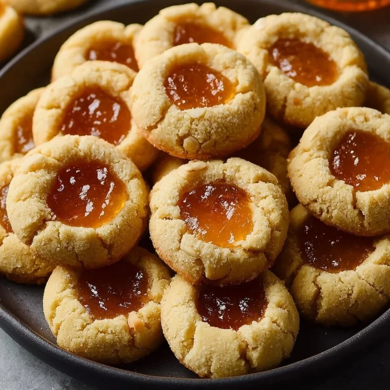 Almond-Orange Thumbprint Cookies arranged on a plate with an orange garnish.