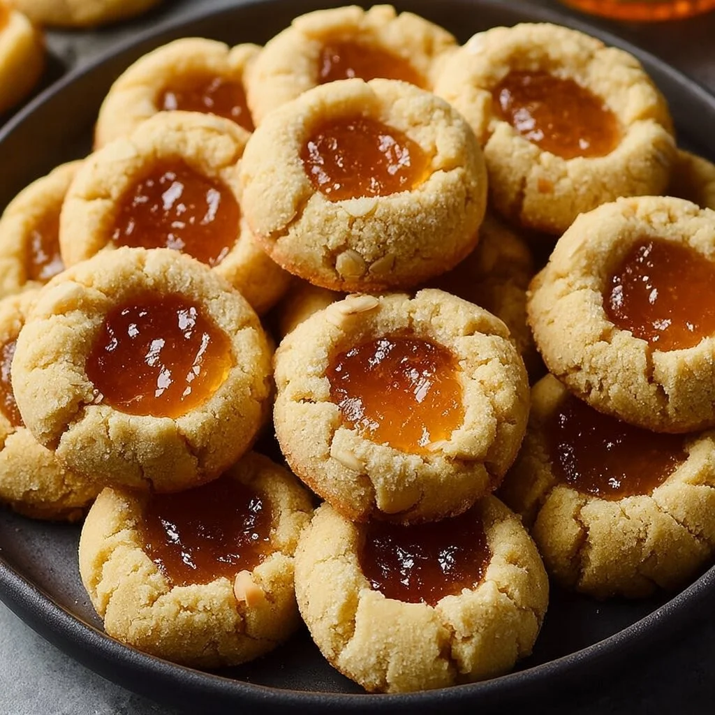 Almond-Orange Thumbprint Cookies arranged on a plate with an orange garnish.