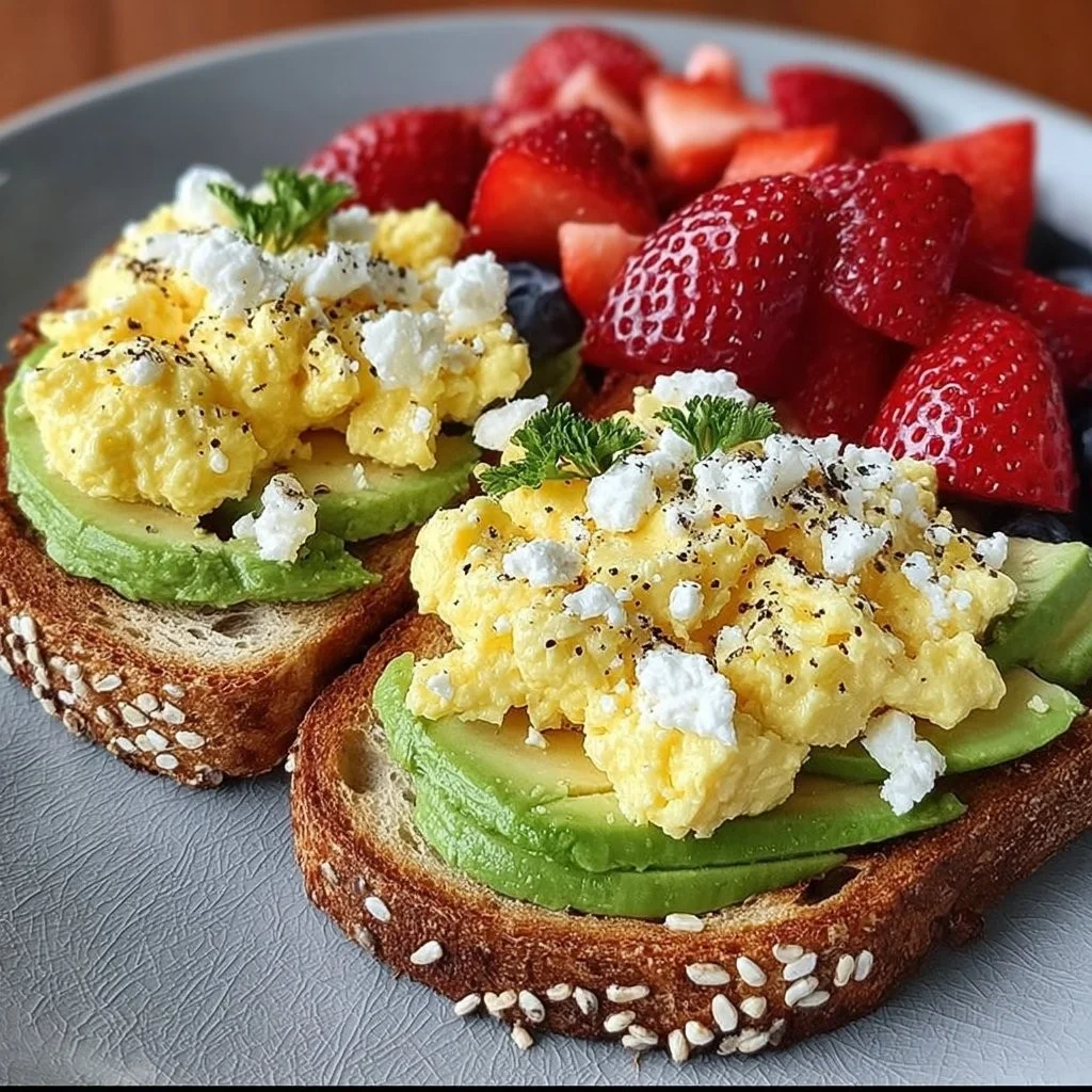 Avocado toast topped with scrambled eggs on a plate, garnished with herbs