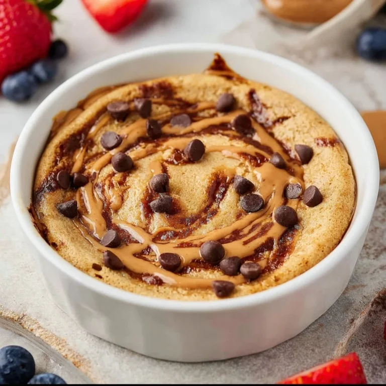 Baked protein pancake bowl topped with fresh fruits and nuts