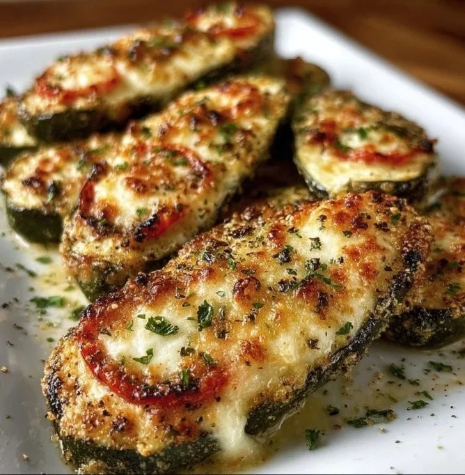 Oven-baked zucchini slices topped with herbs and cheese