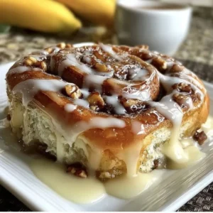 Delicious banana bread cinnamon rolls topped with cinnamon and icing.