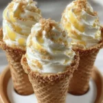 Banana pudding cheesecake cones topped with whipped cream and banana slices