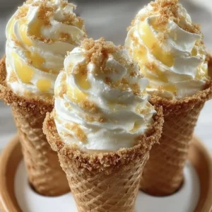 Banana pudding cheesecake cones topped with whipped cream and banana slices
