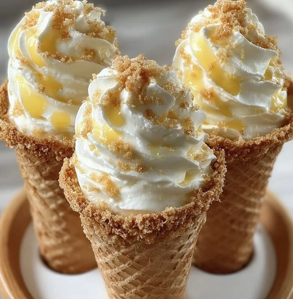 Banana pudding cheesecake cones topped with whipped cream and banana slices