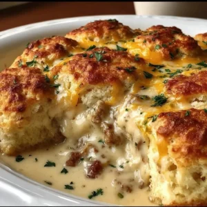 Biscuits and gravy hashbrown casserole topped with cheese and herbs