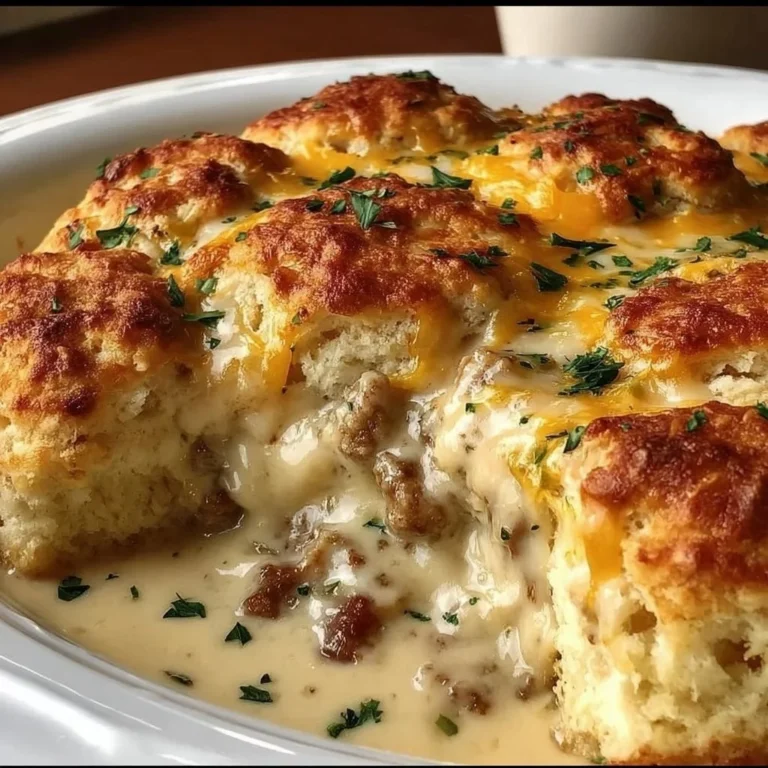 Biscuits and gravy hashbrown casserole topped with cheese and herbs