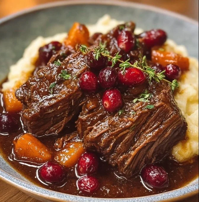 Braised Balsamic Cranberry Beef served on a plate, garnished for presentation.