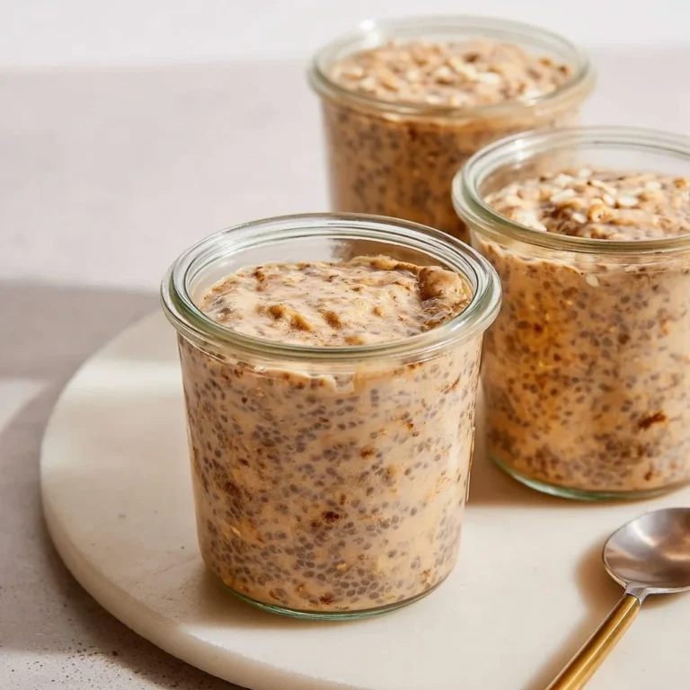 Bowl of brown sugar overnight oats with fresh fruit and nuts for breakfast