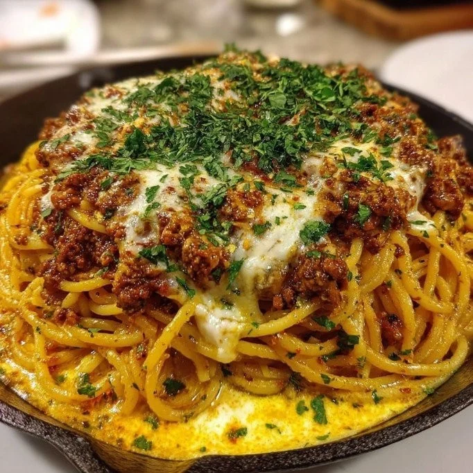 Cajun Beef Spaghetti with creamy three-cheese sauce served in a bowl