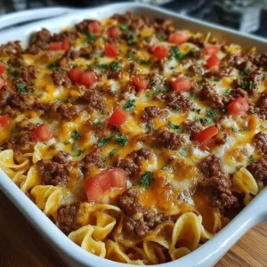 Cheesy beef casserole in a baking dish topped with melted cheese
