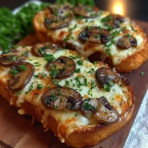 Cheesy mushroom and garlic toasts garnished with fresh herbs