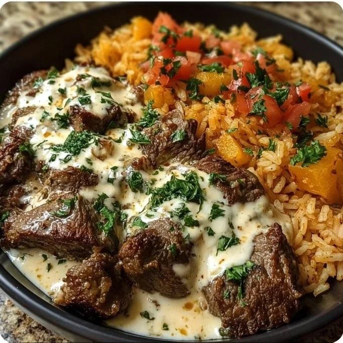 Delicious Cheesy Steak Queso Rice served in a bowl