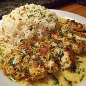 Delicious Chicken Scampi served with garlic parmesan rice on a plate