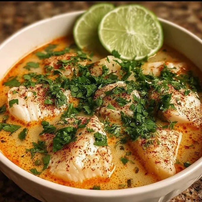 Bowl of coconut lime fish soup garnished with herbs and lime slices
