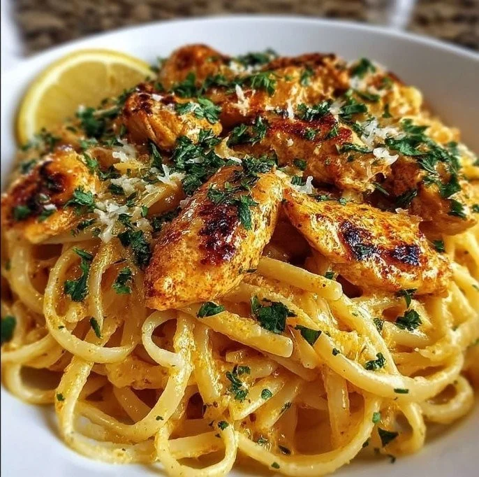 Plate of Cowboy Butter Chicken Linguine with creamy sauce and herbs