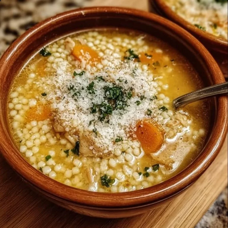 A bowl of cozy Italian pastina soup garnished with herbs and Parmesan cheese.